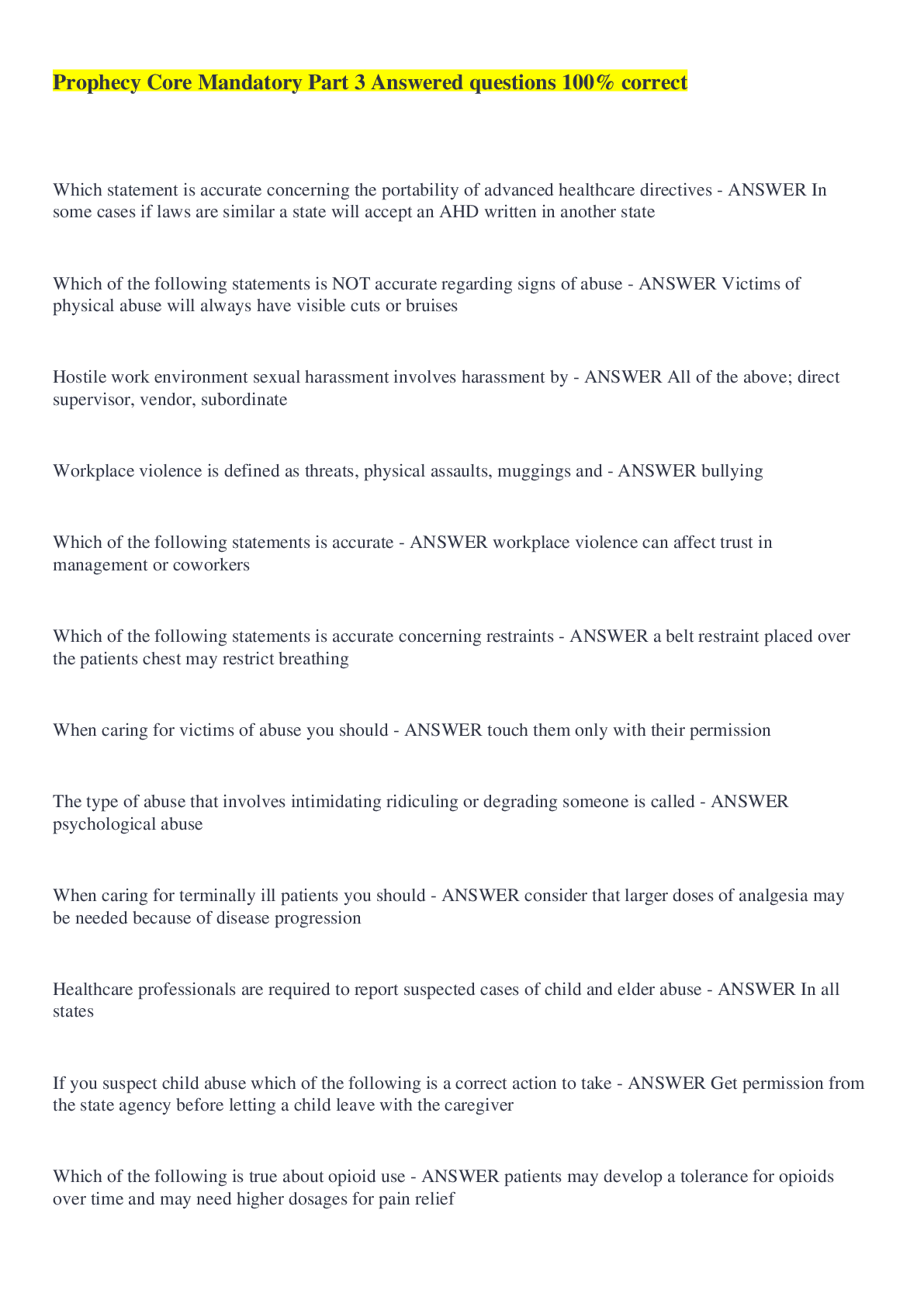 Prophecy Core Mandatory Part 3 Answered questions 100 correct